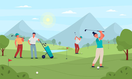 Group playing golf. People on green fields hit ball with sticks, driven in holes, sports outdoor game, mountain landscape, summer outdoor activity, vector cartoon flat isolated conceptのイラスト素材