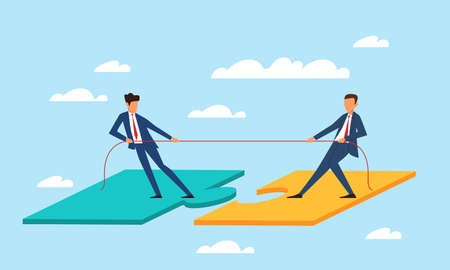 Merger, people cooperation and collaboration. Businessmen connect huge puzzles, plays play tug of war game. Support and unity. Vector cartoon flat isolated teamwork business conceptのイラスト素材