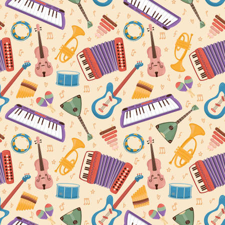 Musical instruments seamless pattern. Cartoon orchestra accessories, funny accordion, guitar, electro piano and maracas on beige background. Decor textile, wrapping paper, vector printのイラスト素材