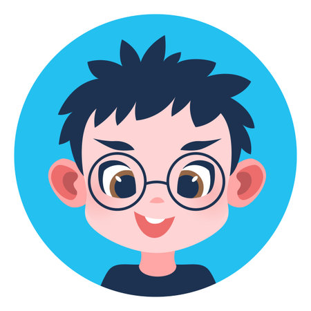 Round kid avatar. Funny boy in glasses portraitのイラスト素材