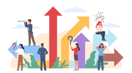 Think people choose path. Alternative options, tiny men and women group looking right solution, difficult crossroad and pathways, employee make decision, vector isolated dilemma conceptのイラスト素材