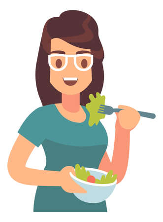 Woman eating salad. Fresh food with vitamins. Diet nutritionのイラスト素材