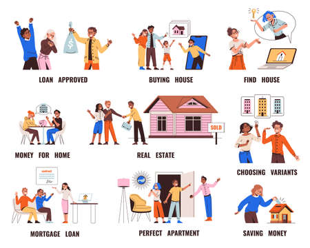 Mortgage credit people. Real estate agents and potential home buyers, apartment purchase, loan approved, couple choosing house on online service, family savings for home, vector setのイラスト素材