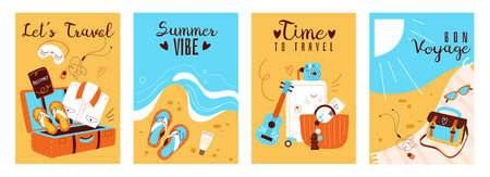 Travel cards. Summer time beach holiday elements, sea vacation accessories, journey banners. Cartoon luggage, ukulele and camera, tropical seaside resort vector summertime posters setのイラスト素材