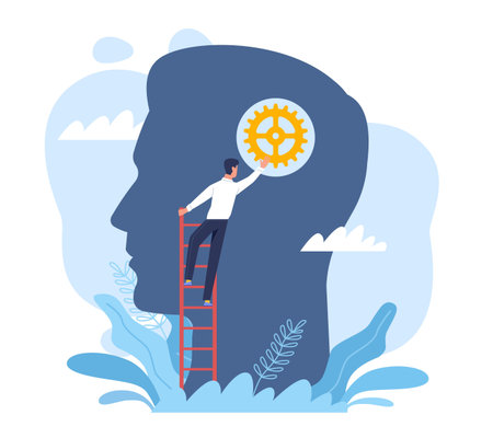 Correction in thinking. Man hold gear element, head silhouette on background, psychologist or...