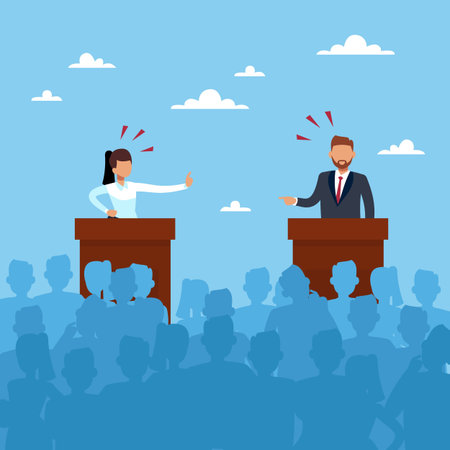 Debates. Man and woman politician discussing problems, showdown in public, responding on journalists...