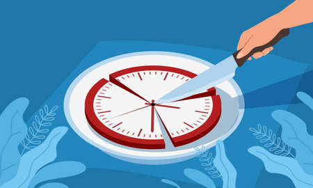 Division, time distribution. Cut clock face with knife, work planning and scheduling, meeting and events organizing process. Productive time management. Vector cartoon flat conceptのイラスト素材