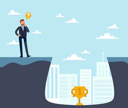 Finding solution to problem on way to goal. Confused businessman in suit thinking about task, question mark, golden cup as target, solving problems. Vector cartoon flat business conceptのイラスト素材