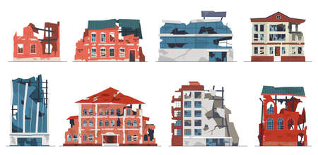 Damage city building facades. Urban destruction and ruines, collapsed houses and stores, broken postapocalypse architecture, after collapse war or earthquake, vector flat cartoon isolated setのイラスト素材