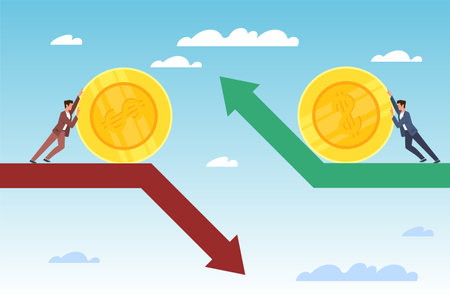 Decline and growth of investments. Stock market exchange rate, businessman buying or selling dollar currency, red and green arrow, trader and stock broker vector cartoon flat conceptのイラスト素材