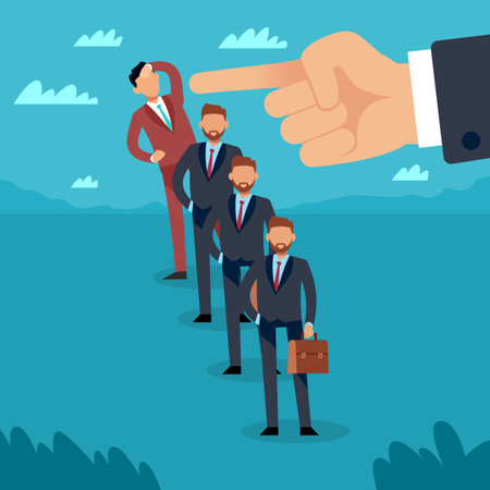 Exclusion from the team. Employee dismissal. Career end, unemployment or fired person, jobless and job reduction. Boss hand points finger at clerk vector cartoon flat isolated conceptのイラスト素材