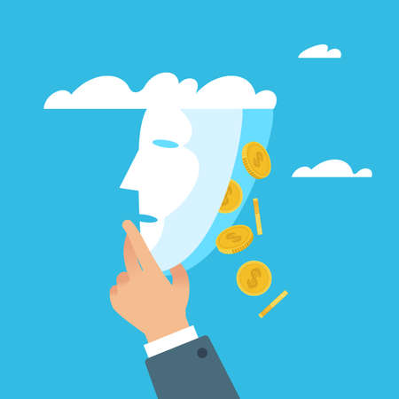 Face of the business brings money. Hand holds mask, golden coins fall, emotional control on meeting to achieving goals. Behavior to success, leader strategy vector cartoon flat conceptのイラスト素材