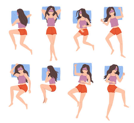 Girl sleep positions. Woman night relaxing in different poses top view, lady rests in bed, sleeping on side, back and stomach with pillow, comfortable bedtime vector cartoon flat setのイラスト素材