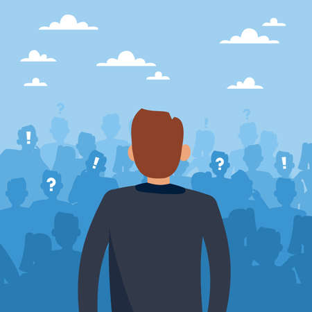 Leader listens. Communication with subordinates, boss speaks to crowd, colleagues discussion on meeting, feedback of customers and team, protest and disagreement of people, vector conceptのイラスト素材
