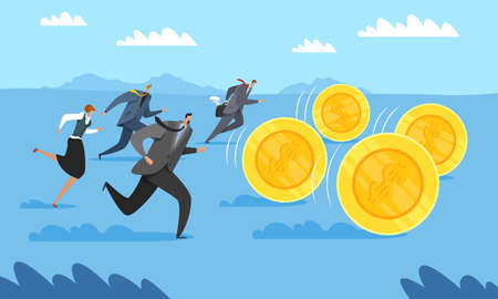 Pursuit of big money. Business people men and women trying to catch gold coins, successful career growth. Achieve the goals, success in career, people ambition. Vector conceptのイラスト素材