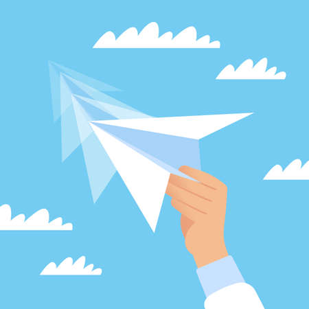 Sending a message, information symbol. Send mail or online letter, internet communication technology. Hand holding white paper plane on sky background, vector cartoon flat conceptのイラスト素材
