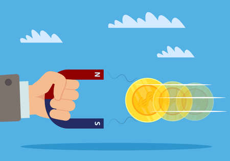 Attracting financing. Financial investment, hand holds huge magnet and attracts gold coins, earn money, business income and benefits, successful marketing, vector cartoon flat conceptのイラスト素材