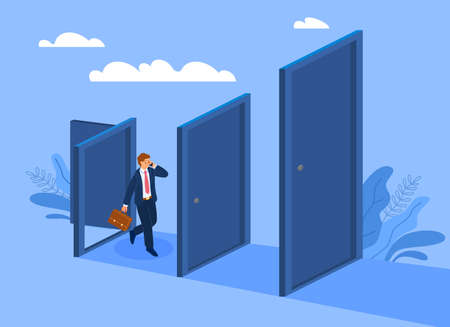 Business prospects. Promotion of career, career growth and development, small steps to achieve goal, strategy and project planning, businessman goes through door vector cartoon flat conceptのイラスト素材