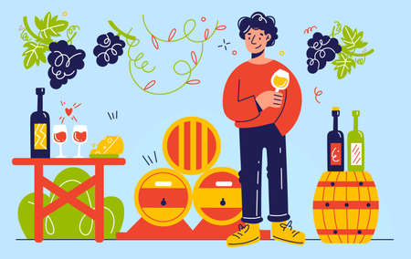 Cartoon wine composition. Funny winemaker male character with drink glass, oak barrels and vine with grapes bunches, wine glasses with beverage and cheese on table, sommelier vector conceptのイラスト素材
