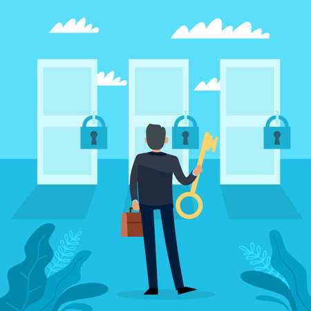 Opportunity. Difficult important choice, alternative ways of development. Man searching successful way, businessman holding key to different doors. Vector cartoon flat isolated conceptのイラスト素材