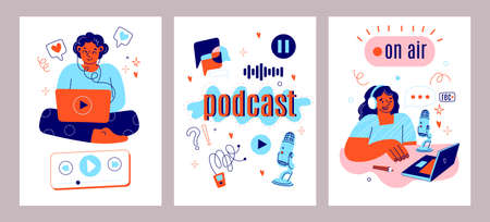 Podcast streaming cards. Bloggers in studio recording, people in headphones with mic, audio entertainment, radio studio icons posters, vertical banners collection, vector cartoon flat setのイラスト素材