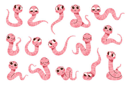 Soil earthworms. Funny garden animals characters, wildlife creatures, different shapes, cute insect characters in various poses stickers, underground invertebrates vector cartoon isolated setのイラスト素材