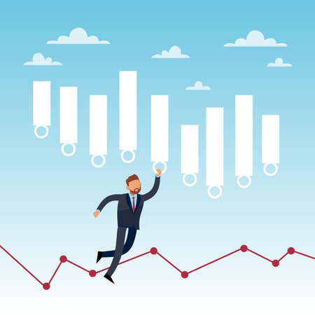Stock Exchange game. Rises to stock market, investing in currency and company shares, businessman buying or selling, trader and stock broker, financial investment vector cartoon flat conceptのイラスト素材