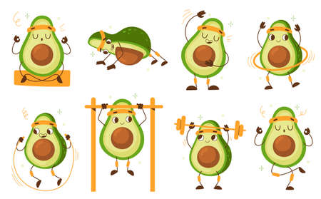 Cartoon avocado athlete. Funny vegetable character, sport mascot, cute green fruit gym activities, push and pull ups, yoga and fitness, healthy lifestyle. Kawaii emoticon workout vector setのイラスト素材