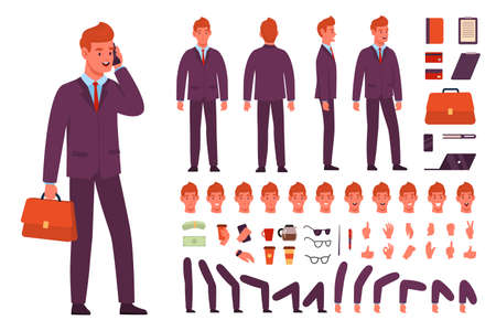 Cartoon businessman character kit. Office employee different poses, various emotions, separate body parts in different positions, man in strict suit, accessories vector setのイラスト素材