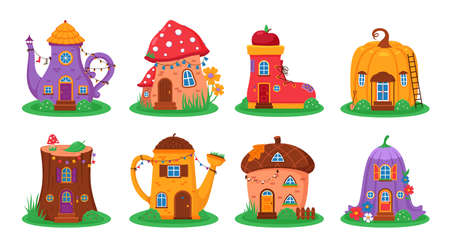 Cartoon fantasy houses. Cute fairy little homes, funny different shapes magical builds, gnome cottage, pretty mushroom, pumpkin and acorn. Purple flower, teapots and boots shapes vector setのイラスト素材