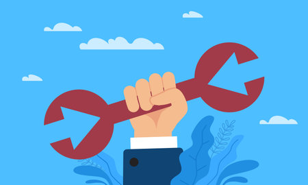 Direction adjustment. Hand holding red arrows, search successful way, change business strategy, managing development and goals of company, problem solving. Vector cartoon flat conceptのイラスト素材
