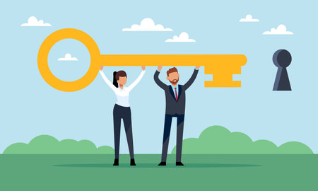 Key to success is the team. Businessmen and women hold golden huge key. People cooperation and collaboration. Achieving goals together. Common cause vector cartoon flat teamwork conceptのイラスト素材