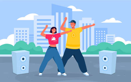 People dance on street. Young guy with girl, professional hip hop dancers, couple performance on city background, breakdance team, contemporary choreography, vector cartoon flat conceptのイラスト素材