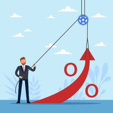 Changes investment direction. Businessmen raises percentage of transaction or deal, man hold big red percent sign, stock market strategy during economic crisis vector cartoon flat conceptのイラスト素材