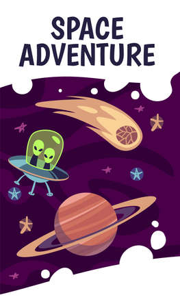 Cartoon space flyer. Celestial objects, planet jupiter and comet, flying ufo with green cute aliens, adventure in cosmos, vertical banner, poster or brochure, vector illustrationのイラスト素材