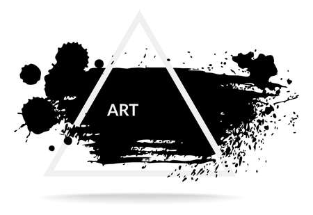 Ink blot. Grunge inked black splashes and stains with white triangle, abstract rough texture, decorative silhouette with copy space, background with paint splatters vector illustrationのイラスト素材