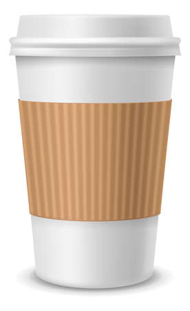 Paper coffee realistic cup. White plastic container with lid and cardboard empty label. Takeaway latte, espresso or cappuccino drinks, blank package for branding vector isolated 3d elementのイラスト素材