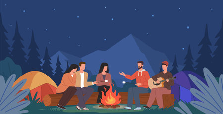 Cartoon friends campfire. Travelers characters night gatherings, nature dinner, tourists with tents, bonfire people stories and guitar music, mountains and forest background, vector conceptのイラスト素材