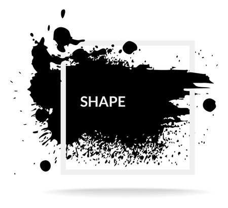 Paint splatter frame. Ink blot. Grunge inked black splashes and stains with white square, copy space for text. Decorative drips silhouette, abstract graffiti background. Vector illustrationのイラスト素材