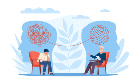 Psychotherapy. Man patient talks about his emotional problems to therapist, tangled lines above, depression treatment, psychological help, mental health vector cartoon flat style conceptのイラスト素材