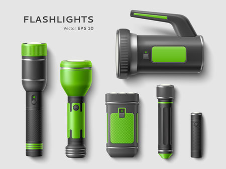 Realistic flashlights. Tourist hand lights with battery, different types, travel equipment elements, green and black colors, electrical camping objects, 3d isolated torch lamps, vector setのイラスト素材