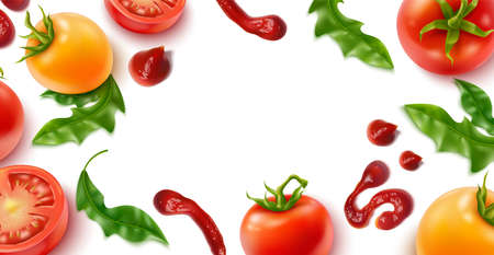 Realistic tomato background. Natural 3d vegetables on twigs and herbs, cooking ingredients frame banner, ketchup drops and smears, lettuce leaves, backdrop, vector isolated conceptのイラスト素材