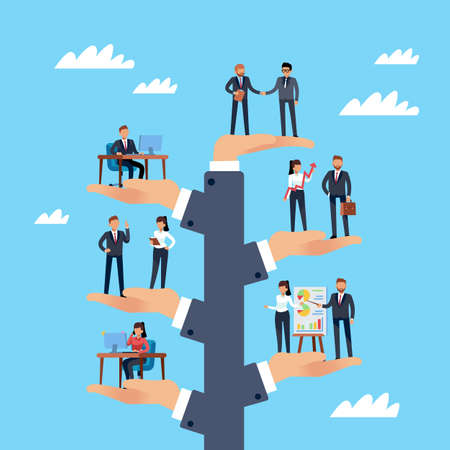 Business management. Hierarchy of employees in company, different departments, career growth, professional development opportunities. Leader and subordinates. Vector cartoon flat conceptのイラスト素材