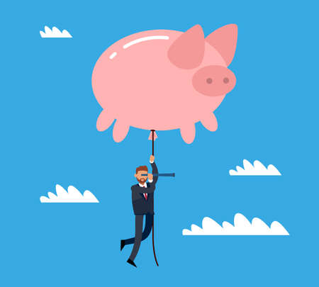 Finance growth, rise of savings. Prospects for future, tiny man flying on piggy bank balloon, income and cash on deposit, dividends invested, money profit, vector cartoon flat conceptのイラスト素材