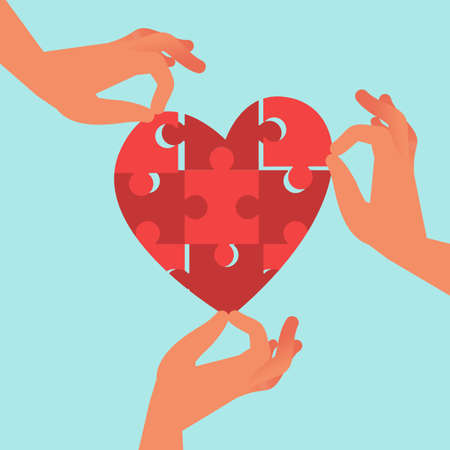 Health care team in unity. Hands assemble heart puzzle. Volunteer teamwork, joint help, sharing love, support and donation. People mutual assistance. Vector cartoon flat charity conceptのイラスト素材