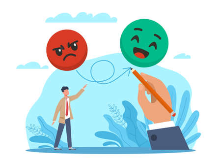 Help in changing emotional thinking. Bad and good mood, help of friend, coach, psychotherapist consultation, angry and happy man. Mental health. Vector cartoon flat isolated conceptのイラスト素材