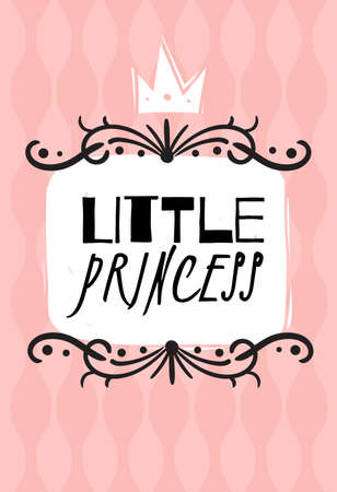 Little Princess card. Girls party invitation and greeting, pastel pink background, hand drawn decorative frame, cute lettering, baby shower minimal design poster, vector illustrationのイラスト素材