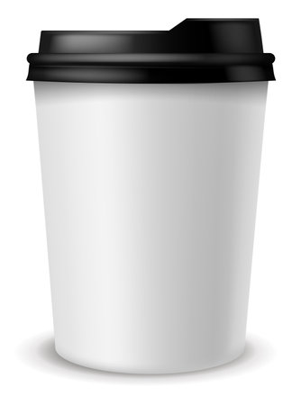 Paper coffee cup. Takeaway carton container for latte, espresso and cappuccino, black plastic lid, cafe or restaurant morning drinks, white blank package, 3d mockup, vector 3d elementのイラスト素材