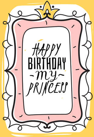 Princess card. Happy birthday postcard with crown, girls party invitation and greeting, pastel pink background, hand drawn cute lettering, festive poster, minimal design vector illustrationのイラスト素材