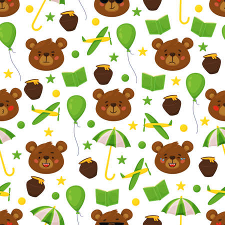 Cartoon bear seamless pattern. Funny animals heads, brown grizzly characters, forest mammals faces and objects, recent vector background. Decor childish textile, wrapping paper, kids printのイラスト素材